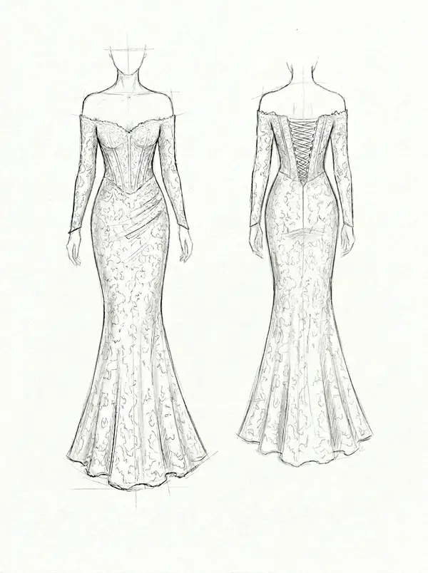 Chosen design sketch for Amelia's off-shoulder lace mermaid wedding dress without detachable train, VI Dressmakers Vietnam