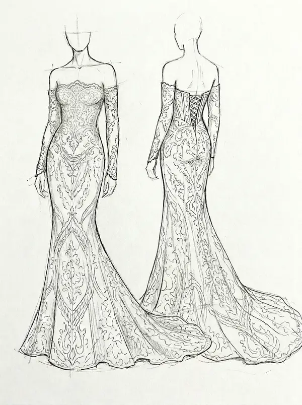 Design sketch B for Amelia's lace mermaid wedding dress neckline and lace pattern direction, VI Dressmakers Vietnam