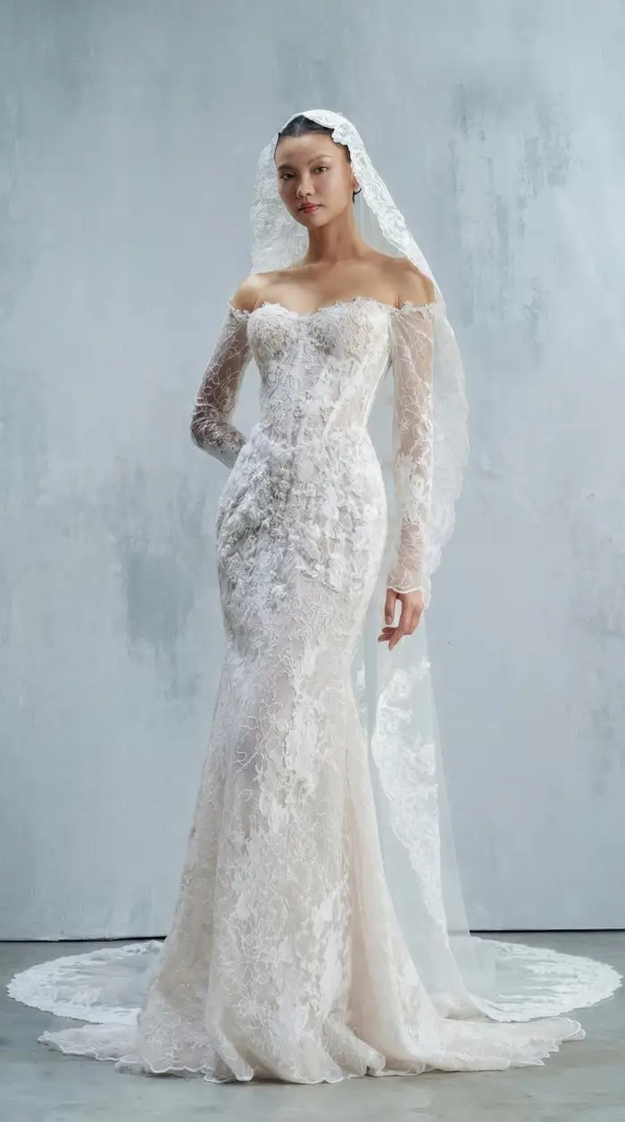 Client inspiration — editorial full-length off-the-shoulder lace mermaid with long sleeves, 3D floral appliqués and cathedral train
