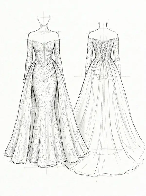 Design sketch A for an off-shoulder lace mermaid wedding dress with detachable train option, VI Dressmakers Vietnam