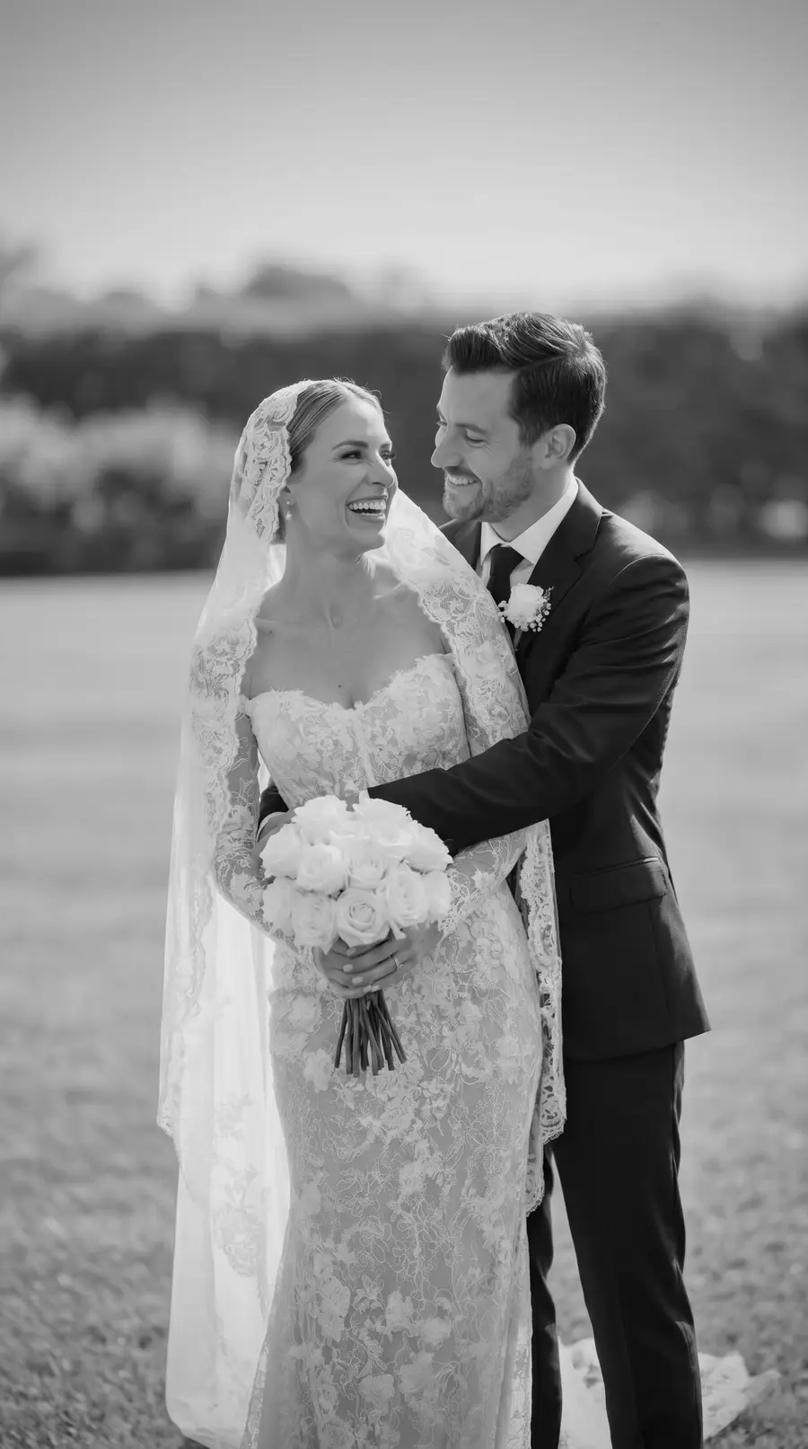 Full-length fitted lace mermaid bridal gown in an Australian vineyard portrait, custom order by VI Dressmakers Vietnam