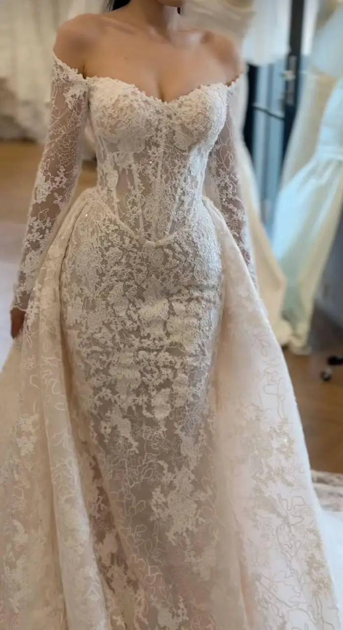 Bodice close-up reference — off-the-shoulder lace neckline and long lace sleeves Amelia wanted adapted