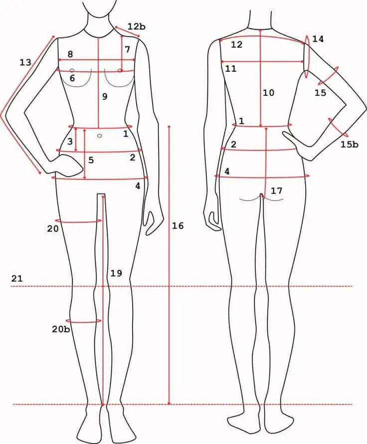 Front and back body measurement diagram with numbered tape positions for custom wedding dress fitting