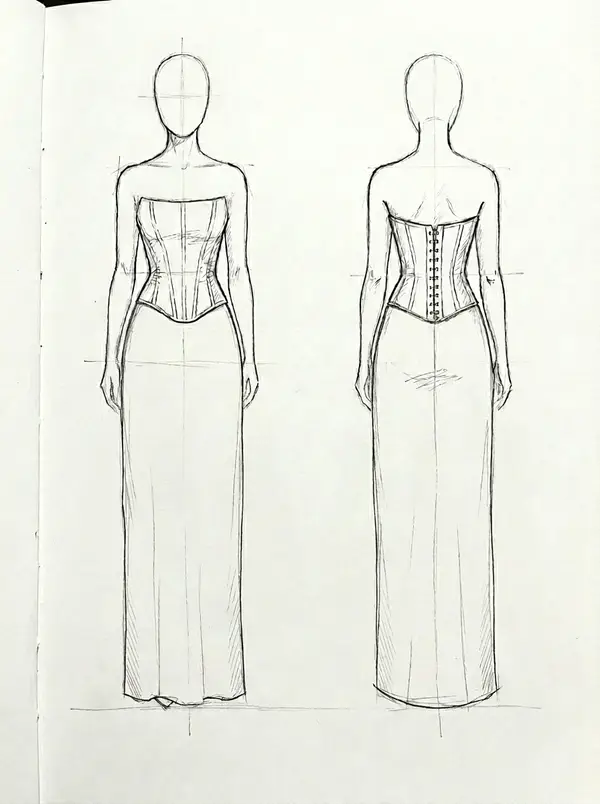 Design adjustment A for a hand-drawn strapless corset split A-line wedding dress with clean skirt and narrow hem, VI Dressmakers Vietnam
