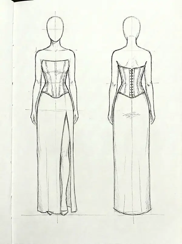 Design adjustment B for a hand-drawn strapless corset split A-line wedding dress with front thigh slit, VI Dressmakers Vietnam