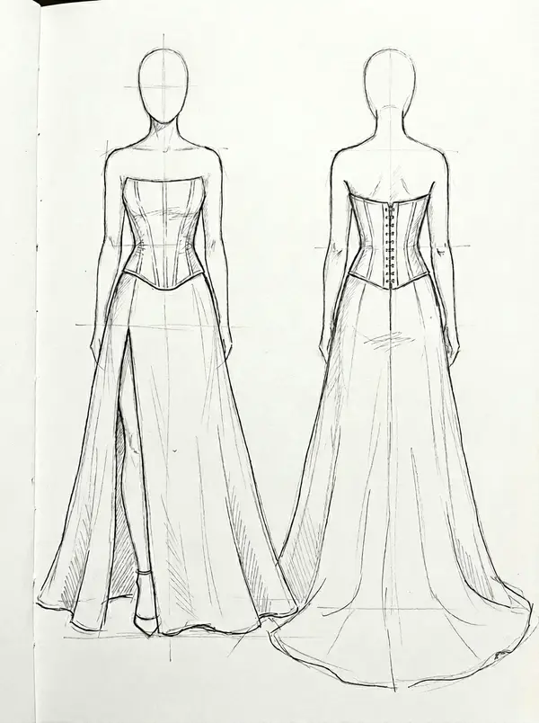 Chosen hand-drawn sketch for a strapless corset split A-line wedding dress with front thigh slit and extended train, VI Dressmakers Vietnam
