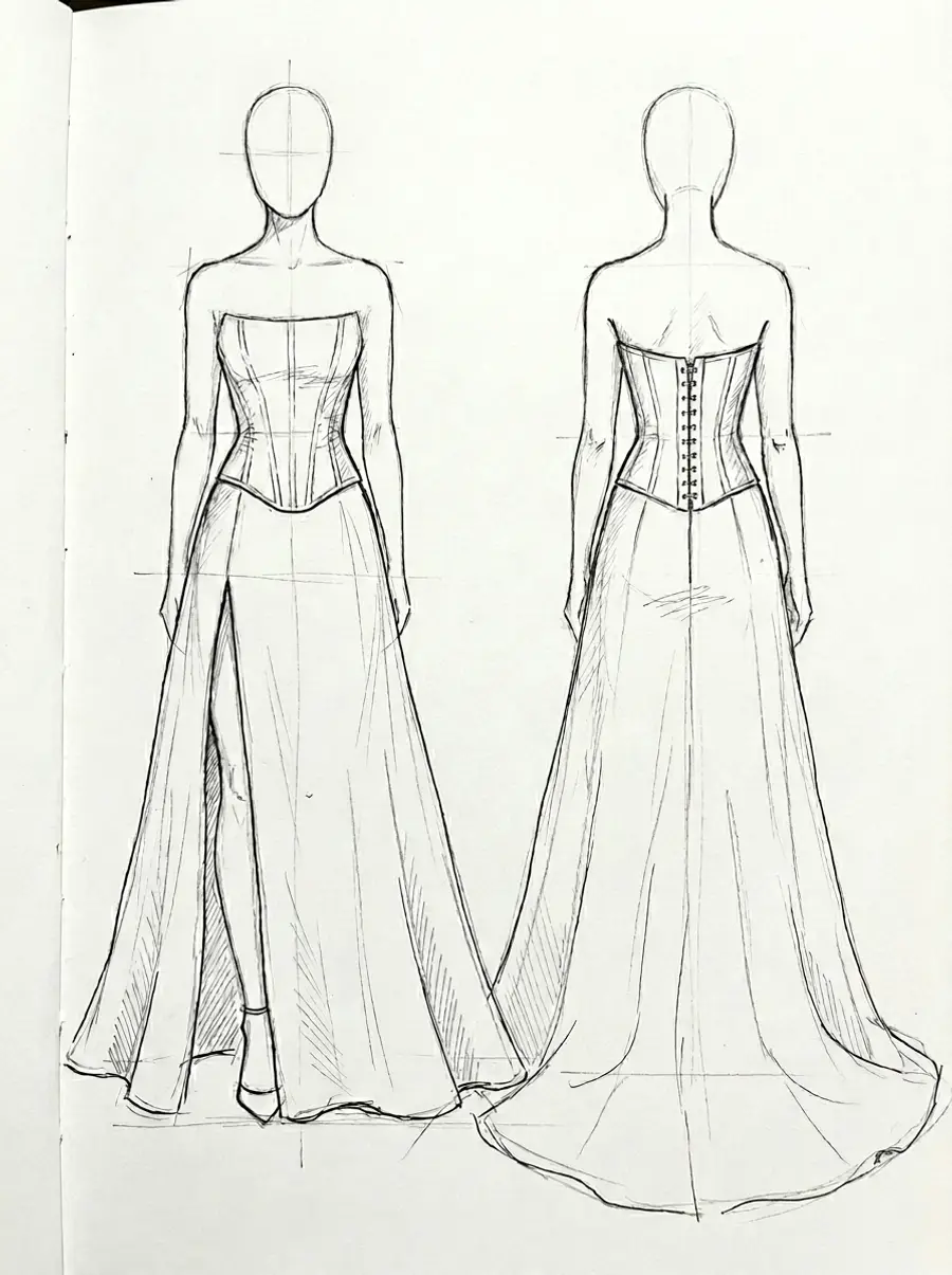 Wedding dress sketch showing front and back views reviewed before production brief confirmation at VI Dressmakers