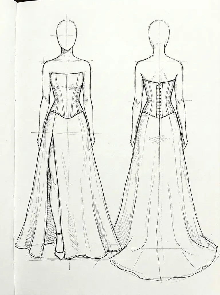 Chosen strapless corset wedding dress sketch used before production review
