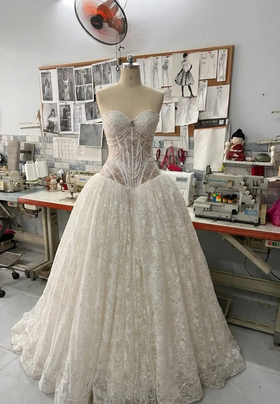 Finished premium wrinkle taffeta ballgown showing custom wedding dress fabric volume and structure