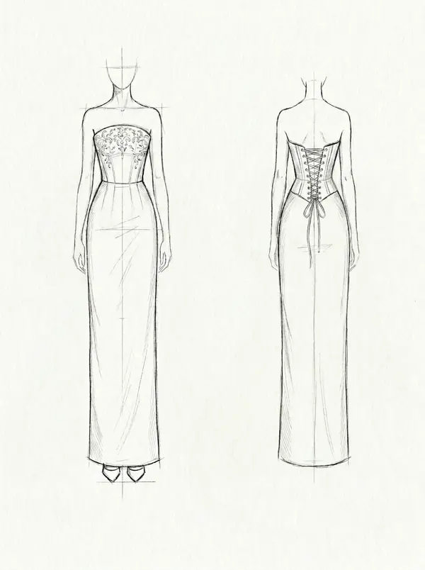 Design direction B for a strapless crystal-embroidered fitted column wedding dress with corset lace-up back, VI Dressmakers Vietnam
