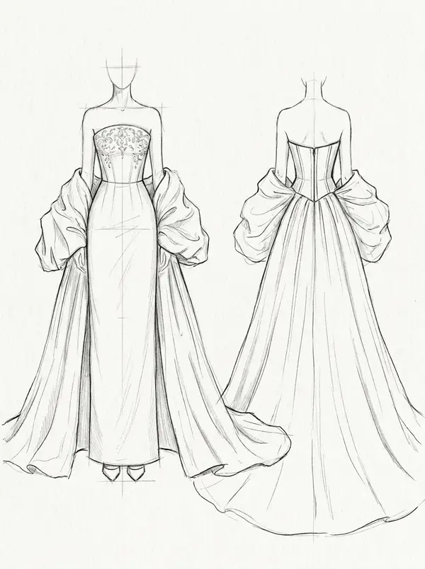 Chosen design sketch for a strapless crystal-embroidered column wedding dress with detachable draped overskirt and train, VI Dressmakers Vietnam