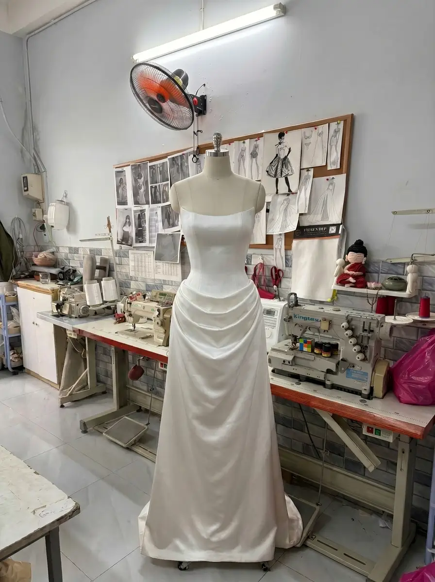 Corset wedding dress bodice with structured panels and lace-up back, custom-made by VI Dressmakers Vietnam