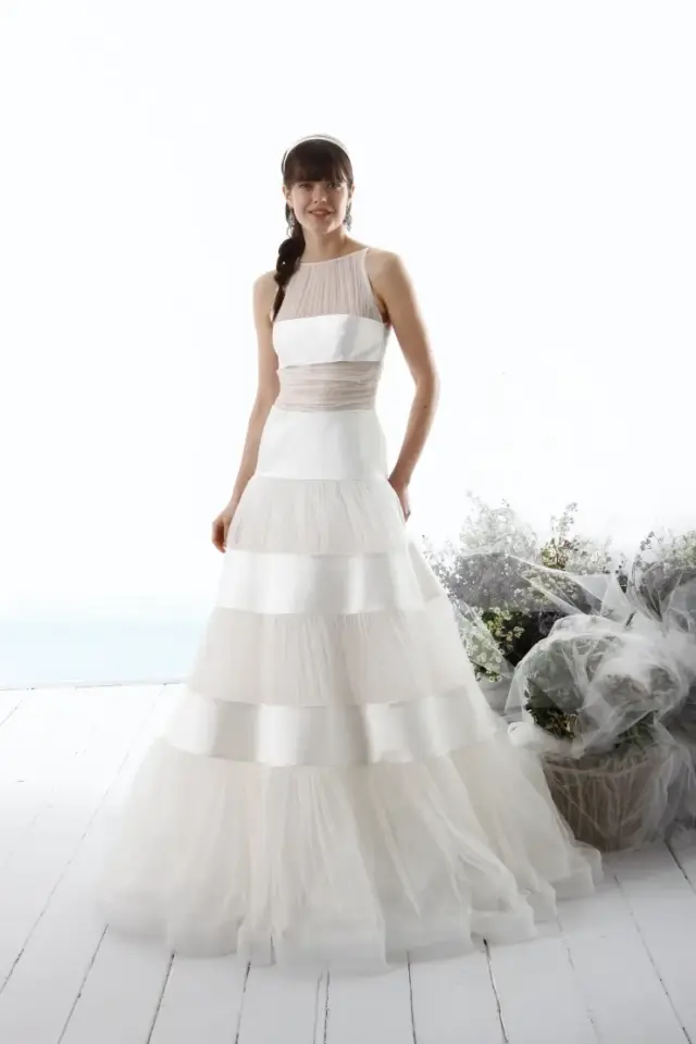 First inspiration Krystal sent — Le Spose di Giò full-length look with Mikado silk bands and sheer tulle tiers. Not the finished custom gown.