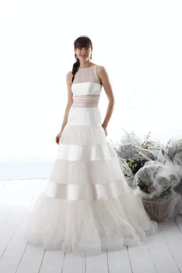 First inspiration Krystal sent — Le Spose di Giò full-length look with Mikado silk bands and sheer tulle tiers. Not the finished custom gown.