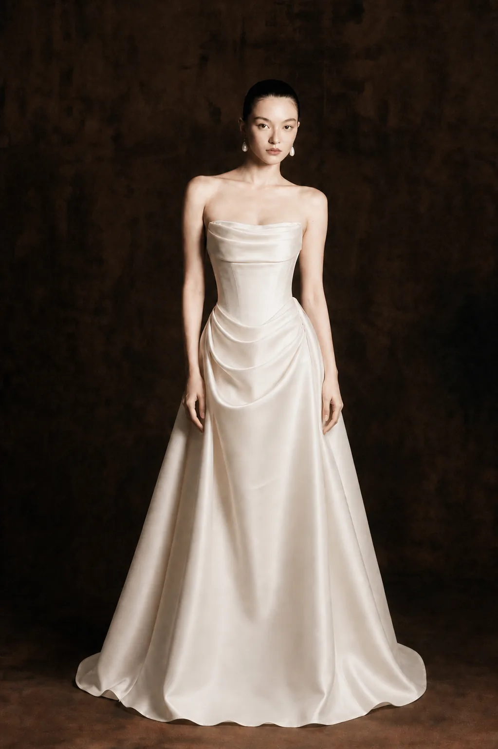 Ivory mikado silk draped corset A-line wedding gown — VI Dressmakers Ready to Made 001