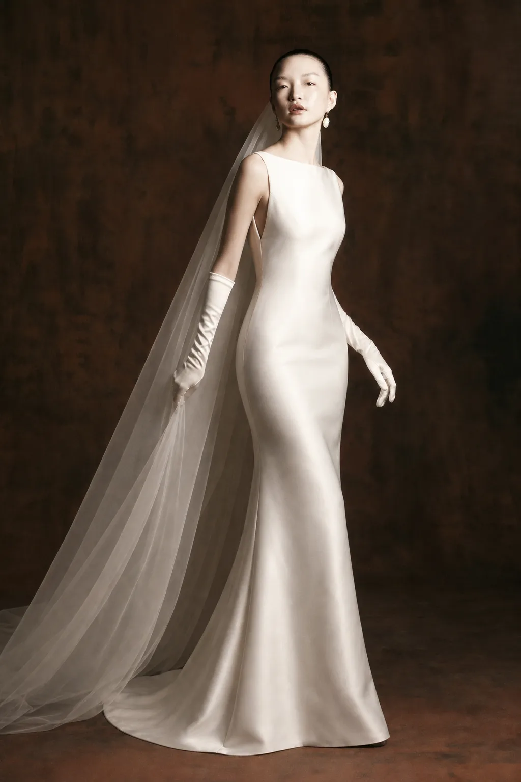Ivory mikado column gown with bateau neckline and deep V-back, styled with cathedral veil — VI Dressmakers Ready to Made 002