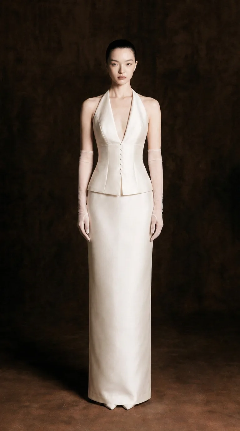 Ivory Mikado halter vest and column skirt two-piece bridal set — VI Dressmakers Ready to Made 004